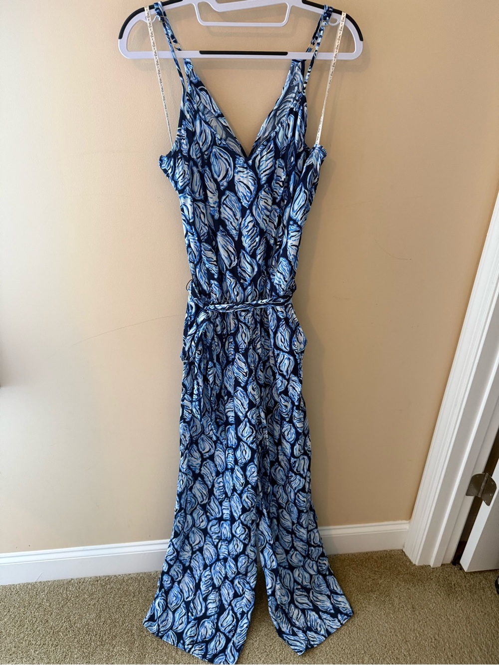 Lilly Pulitzer Women's Dusk High Tide Drop In Navy Belted Jumpsuit Pocket Sz M